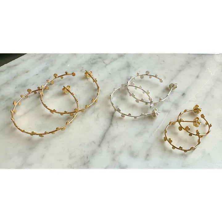 Hammered Disk Hoops in Gold and Silver