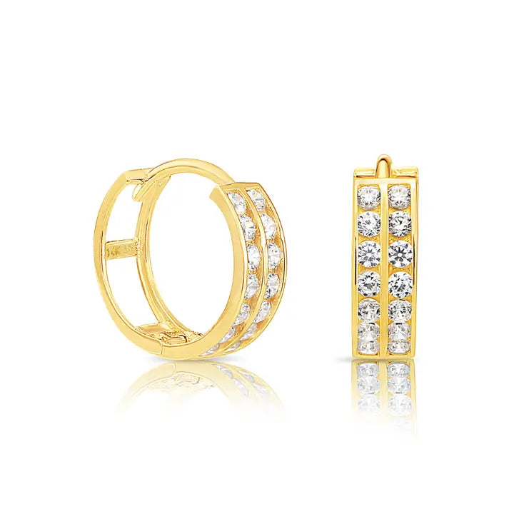 14K Yellow Gold Huggie Hoop Earring with Double Row Cz
