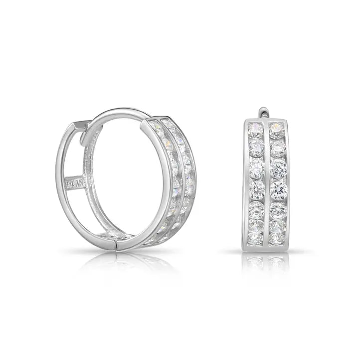 14K Yellow Gold Huggie Hoop Earring with Double Row Cz