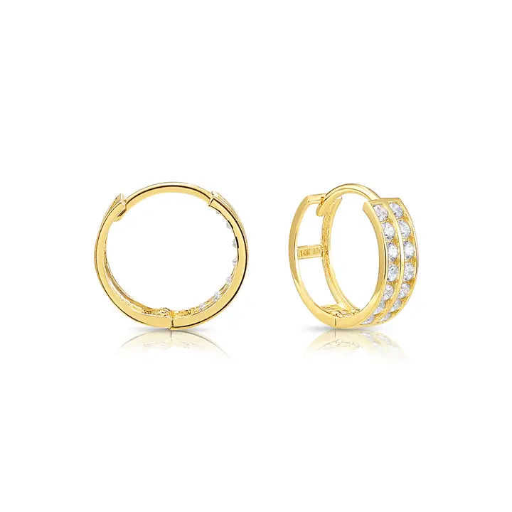 14K Yellow Gold Huggie Hoop Earring with Double Row Cz