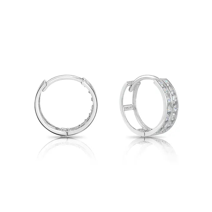 14K Yellow Gold Huggie Hoop Earring with Double Row Cz